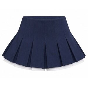 Bottom Navy Blue Pleated Mini Skirt White Ruffle Hem Preppy Schoolgirl Size L